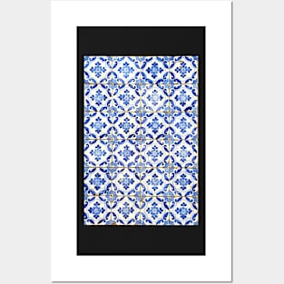 Portuguese tiles. Blue flowers and leaves Posters and Art